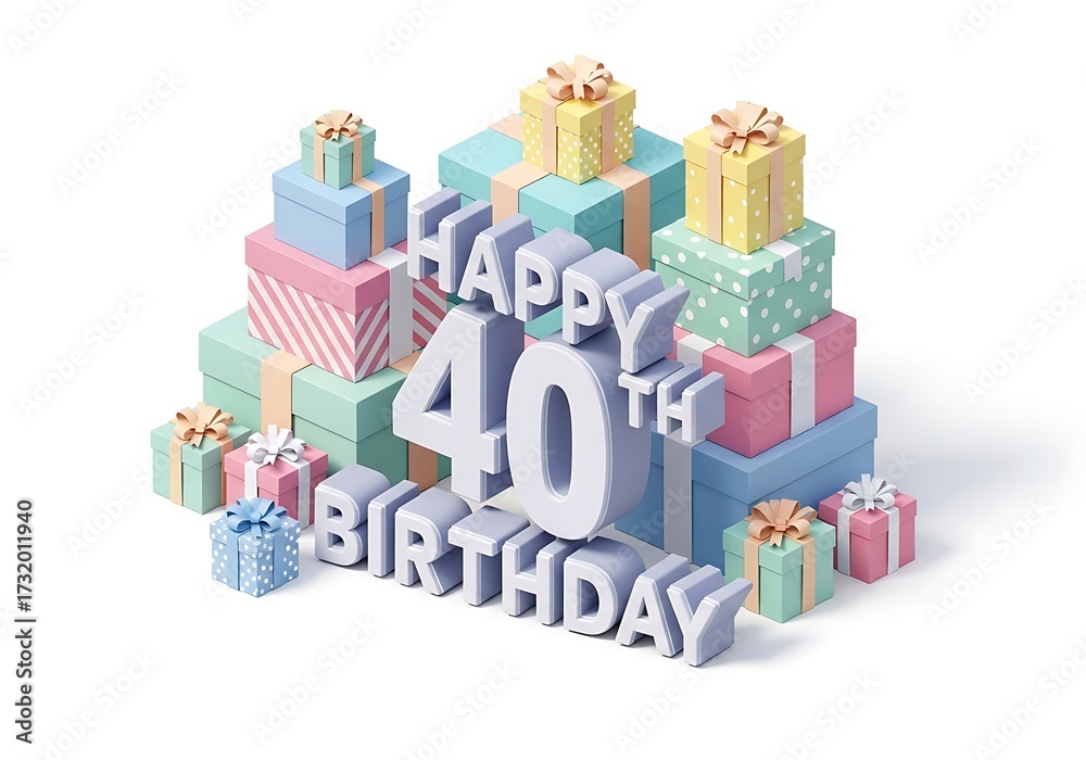 Fototapeta premium Happy 40th Birthday 3D Text with Stacked Pastel Gift Boxes on White Background, Isometric View