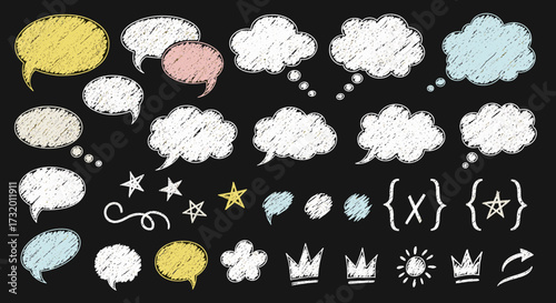 A collection of chalk drawn speech bubbles and thought clouds on a blackboard.