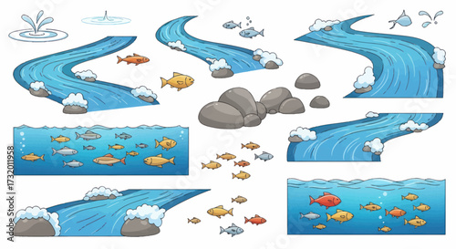 Collection of Cartoon Rivers and Aquatic Life Scenes.
