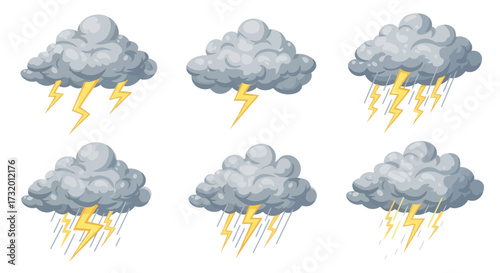 Set of Cartoon Clouds with Lightning and Rain Illustrations.