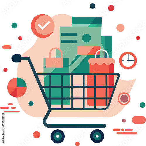 Online shopping cart icon filled with various products and items