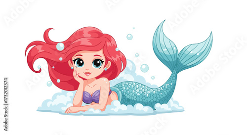 A beautiful cartoon mermaid with flowing red hair and a shimmering turquoise tail rests among foamy bubbles.