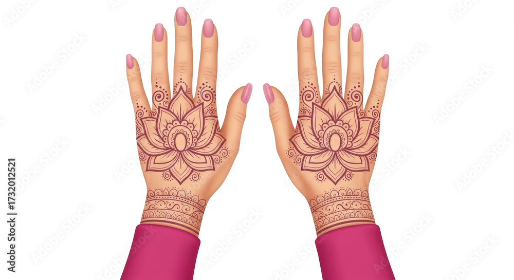 Fototapeta premium Isolated lotus mehndi design, hands with pink nails, henna tattoo art, painted hand details