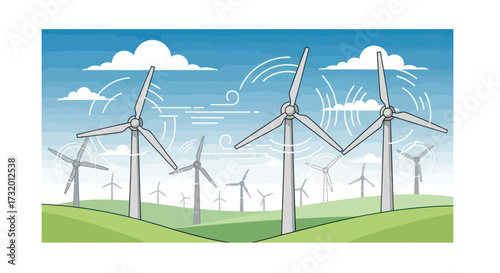 A field of modern wind turbines generating clean energy under a blue sky with clouds.