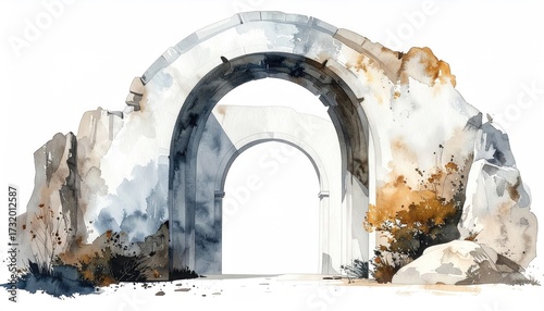 Watercolor depiction of ancient archway ruins