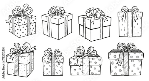 A collection of beautifully wrapped gift boxes adorned with decorative bows and ribbons for various occasions.