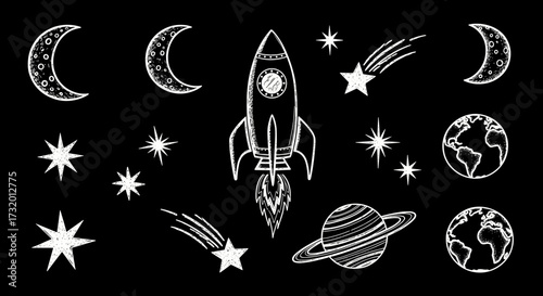 Chalk style illustration of a rocket ship launching into a starry night sky with planets and moons.