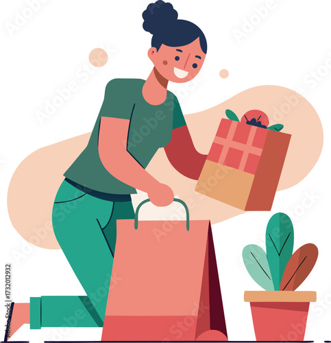 Person enthusiastically filling a large shopping bag with new purchases