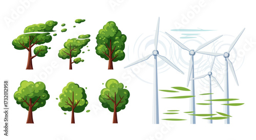 Cartoon Trees and Wind Turbines: Sustainable Energy and Natural Elements.