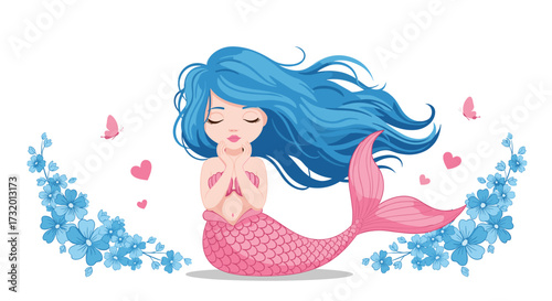 A beautiful little mermaid with flowing blue hair sits peacefully surrounded by blue flowers and pink hearts.