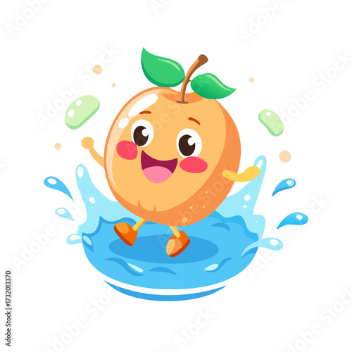 Happy peach fruit character splashing in water refreshing summer cartoon animation cute face