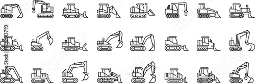 Construction vehicle icons, heavy machinery graphics, excavator symbols, bulldozer, loader, backhoe, vector line art, equipment, industrial, engineering