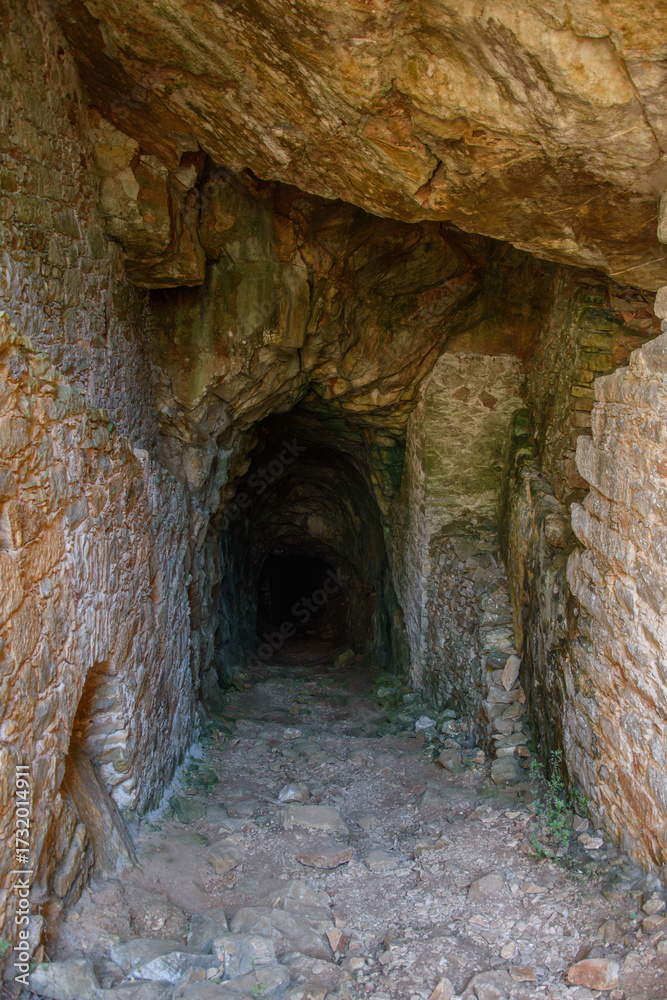 Fototapeta premium Interior Tunnel of Ancient Marble Quarry, Marathi, Paros Island, Greece