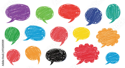 A collection of colorful speech bubbles drawn in a crayon-like style representing communication and conversation.