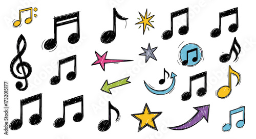 A collection of hand-drawn musical notes and decorative elements for creative design purposes.