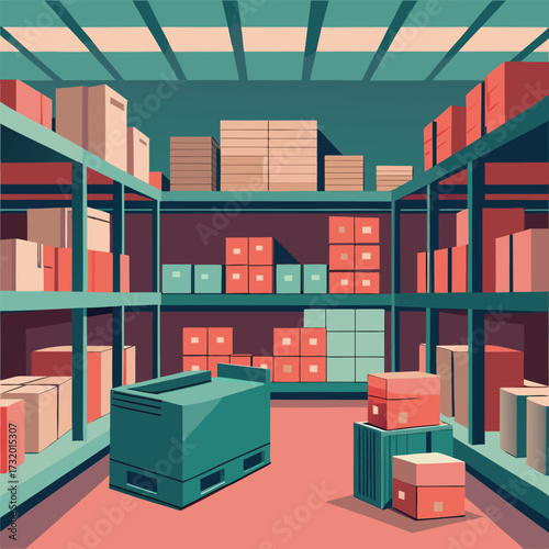 Neatly stacked shelves in a clean warehouse or stockroom illustration