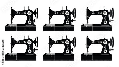A black and white illustration of six vintage sewing machines arranged in two rows of three 
