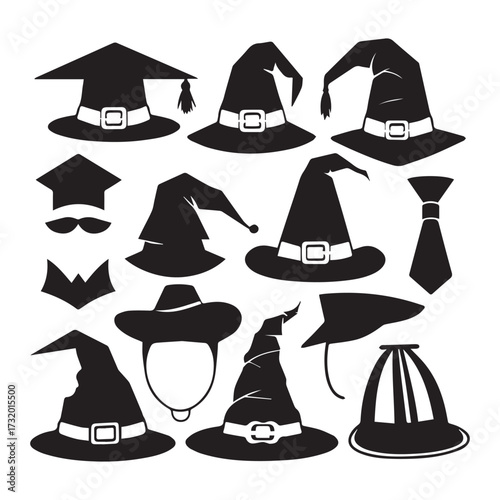 set of black various Teacher’s Hat vector silhouettes isolated on white background