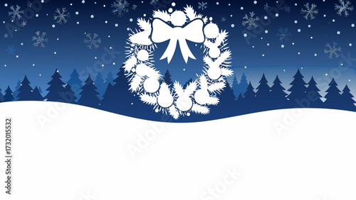 Winter wonderland scene with snow-covered landscape, Christmas wreath, falling snowflakes, and serene blue hues, perfect for holiday greetings