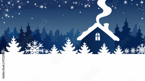 Cozy winter cottage nestled amongst snow laden pine trees under a starry night sky with falling snowflakes creating a magical festive atmosphere