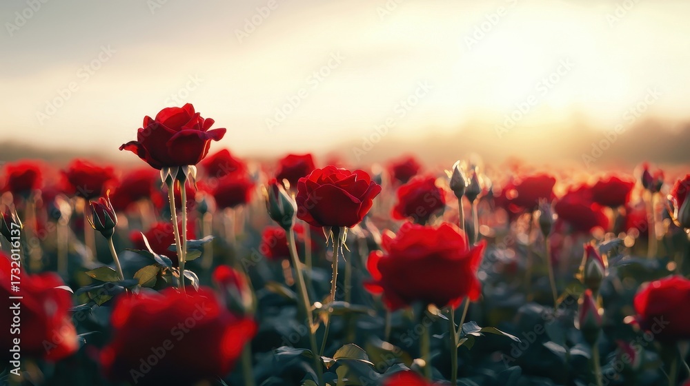 Naklejka premium Field of vibrant red roses illuminated by soft golden sunlight Flower Nature