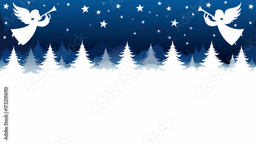 Angels heralding the night sky, a winter wonderland of stars and silhouetted evergreen trees creating a festive holiday scene