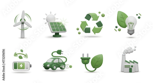 Collection of eco-friendly energy and sustainability icons.
