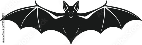 Black Bat Silhouette with Spread Wings, Halloween Icon, Flying Creature Vector, Symmetrical Design for Logo, Decoration, or Educational Use