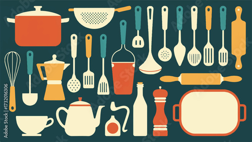 A retro-style illustration of kitchen utensils and cookware arranged in a grid pattern against a dark teal background.  