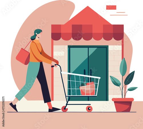 Woman pushing an empty shopping cart towards a store entrance