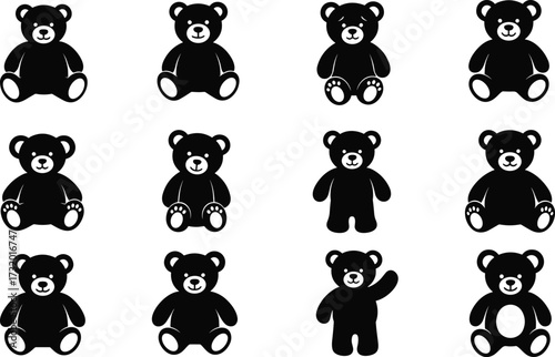 Set of Cute Black and White Teddy Bear Vector Icons in Various Poses and Styles for Kids, Toys, and Design Projects