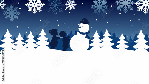Joyful children build a friendly snowman amidst a winter wonderland filled with festive snowflakes and evergreen trees