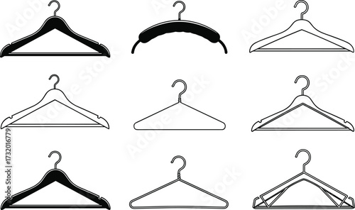 Set of nine diverse clothes hangers in minimalist vector style, showcasing various shapes, materials, and designs for garment organization.