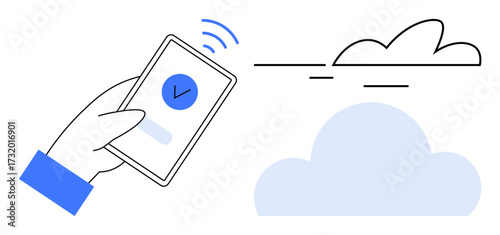 Hand holding a phone with a checkmark indicating verification, connecting seamlessly to a cloud. Ideal for security, technology, data sharing, cloud computing, communication, innovation, simple flat