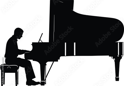 Silhouette of Pianist Playing Grand Piano on Bench – Elegant Music Performance Vector for Classical, Artistic, Minimalist, and Creative Concepts
