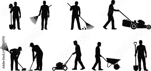 Silhouette Set of Gardeners with Tools Performing Landscaping Tasks, Lawn Mowing, Raking, Shoveling, Wheelbarrow Work, Outdoor Maintenance Vector Illustration