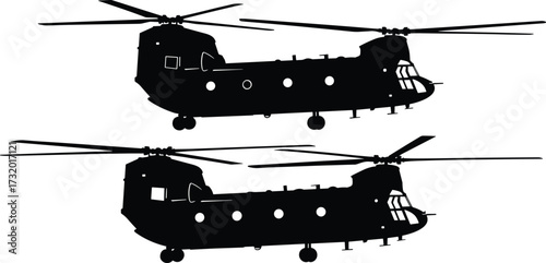 Silhouette vector of tandem rotor military helicopters flying side by side, isolated Chinook aircraft for aviation, transport, and defense themes.