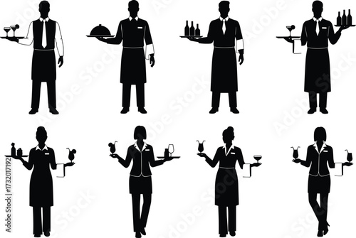 Silhouette waitstaff holding trays with drinks and food, male and female restaurant servers in uniform, hospitality service vector illustration