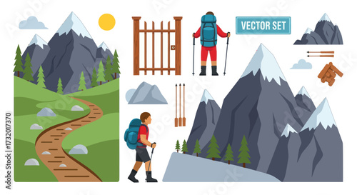 Vector Set of Hiking and Mountaineering Elements with Mountains Trekkers and Trails.