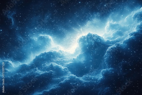 Blue nebula with star clusters scattered throughout, creating a mesmerizing celestial scene.