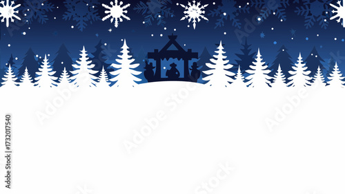 Enchanting winter scene features a silhouette nativity scene nestled amongst snowy pine trees and delicate snowflakes under a starry night sky.