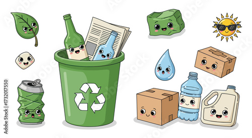 Cartoon Green Recycling Bin with Recycle Symbol and Contents.