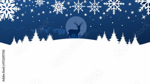 Majestic reindeer silhouetted against a full moon in a snowy forest with falling snowflakes and festive pine trees creating a magical winter wonderland scene.
