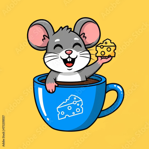 A cute cartoon mouse happily sitting in a blue mug, holding a cheese piece.