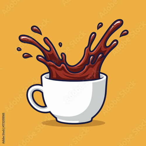 A cartoon vector illustration of a white coffee cup with a dynamic dark brown liquid splash on a yellow background.