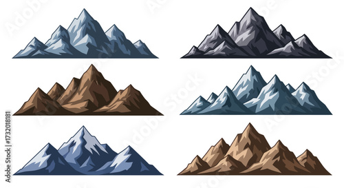 Set of stylized mountain peaks in various colors and shapes isolated vector elements.