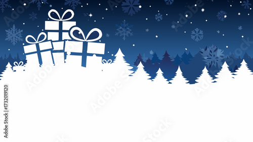 Festive winter scene with gifts, snowflakes, and evergreen trees, perfect for holiday greetings, seasonal promotions, and cheerful celebrations