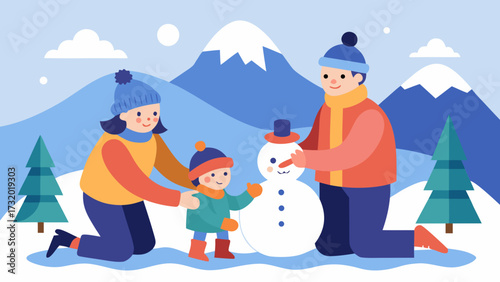 Happy family building snowman together in winter mountains landscape