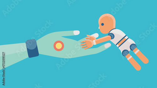 Robot hand reaching out to support a small humanoid robot child on blue background