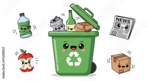 Cute cartoon recycling bin with various waste items for sorting.
